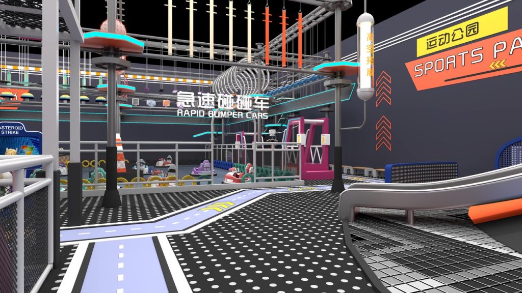 Trendy sports park main design with bumper cars and neon decorations