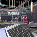 Trendy sports park main design with bumper cars and neon decorations
