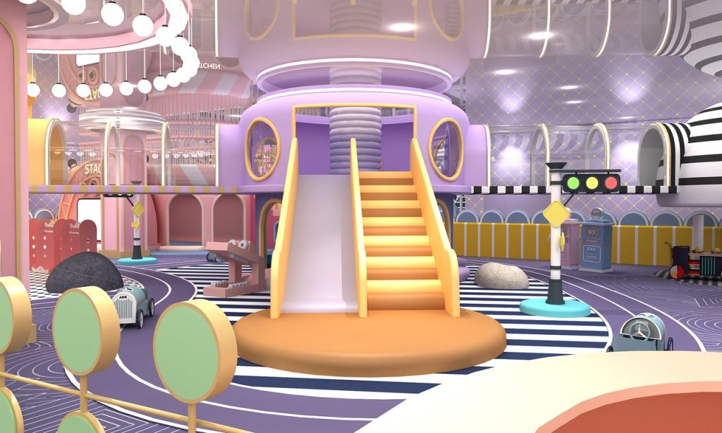 Shopping center kids playground with purple UFO centerpiece and yellow slide