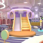 Shopping center kids playground with purple UFO centerpiece and yellow slide
