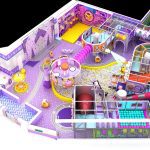 Indoor kids playground equipment Happy Bus theme 350m2 overview purple yellow