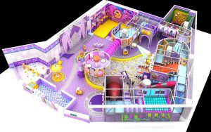 Indoor kids playground equipment Happy Bus theme 350m2 overview purple yellow