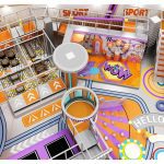 Shopping mall kids playground 300m² sport theme top view orange purple design