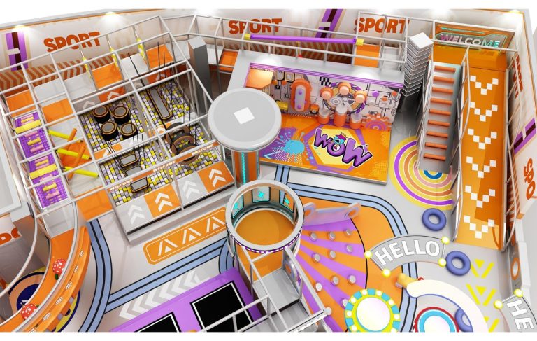 Shopping mall kids playground 300m² sport theme top view orange purple design