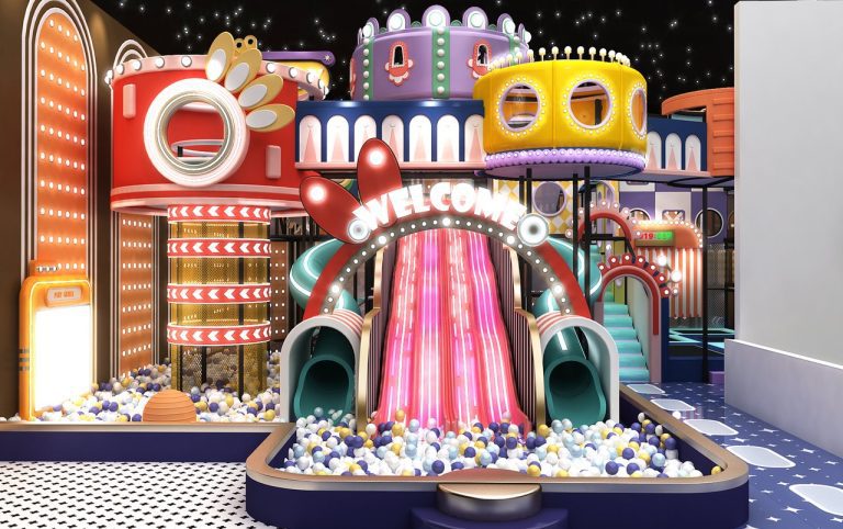 Indoor adventure playground equipment WELCOME bow arch pink LED slide 6m tower