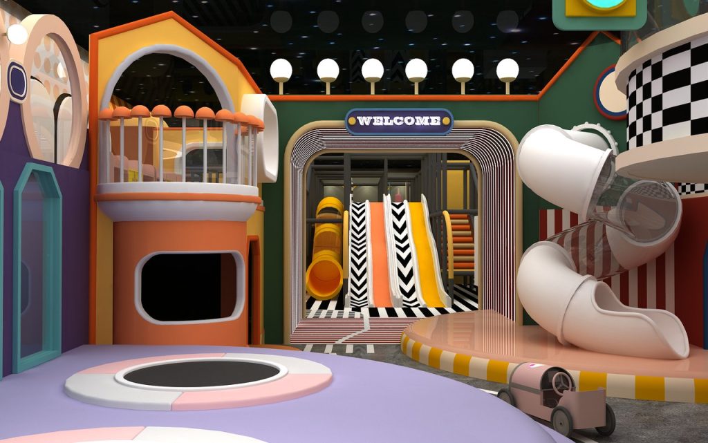 Shopping mall soft play equipment with WELCOME entrance and colorful slides