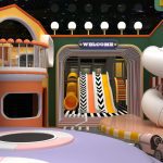 Shopping mall soft play equipment with WELCOME entrance and colorful slides