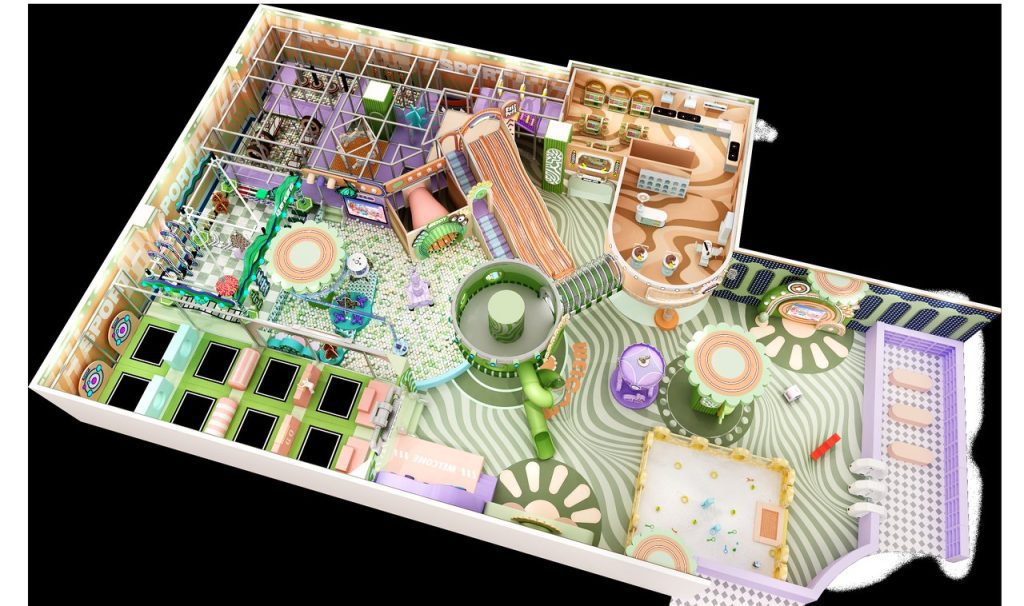 350m2 indoor kids playground equipment 3D layout green orange design