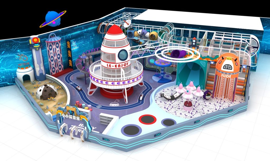 Top view of 150m² space themed indoor adventure playground equipment layout