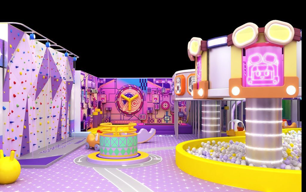 Indoor playground equipment rock climbing wall purple