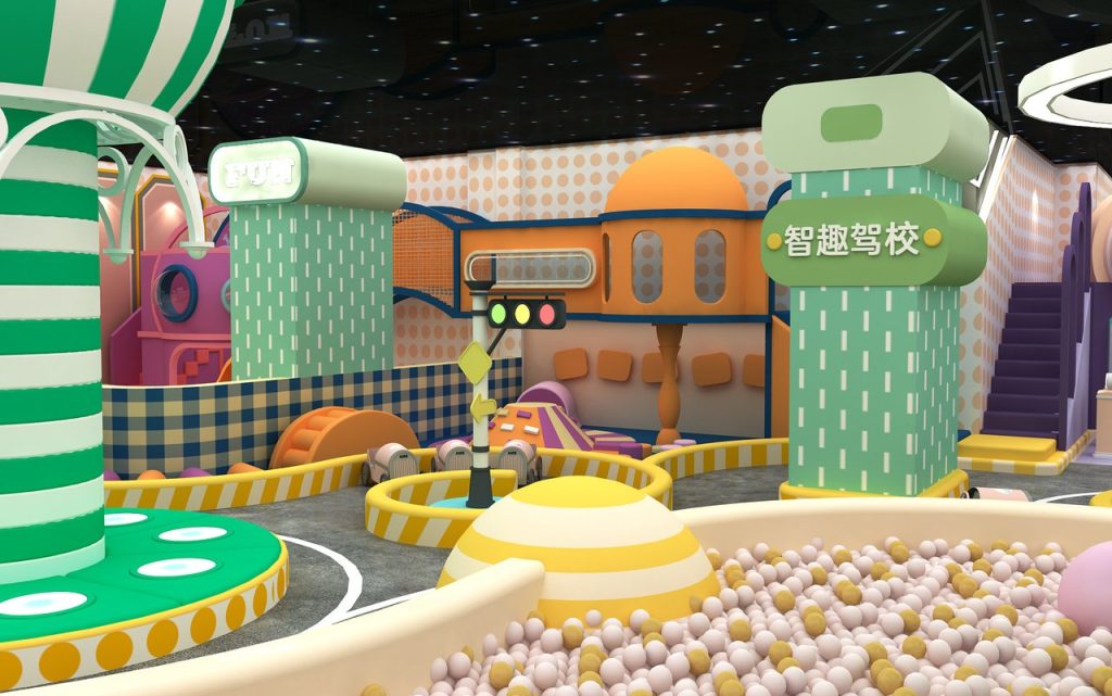 Smart Fun Driving School theme zone with toy cars and ball pit