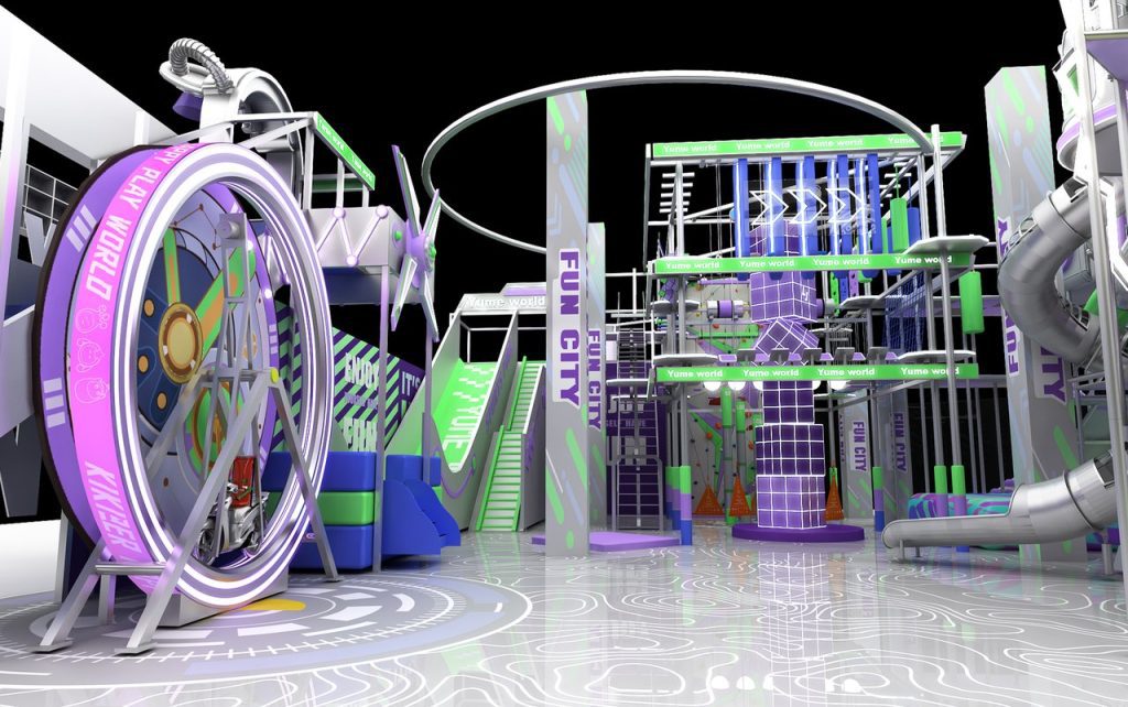 FUN CITY adventure playground with rotating wheel and metallic spiral slides