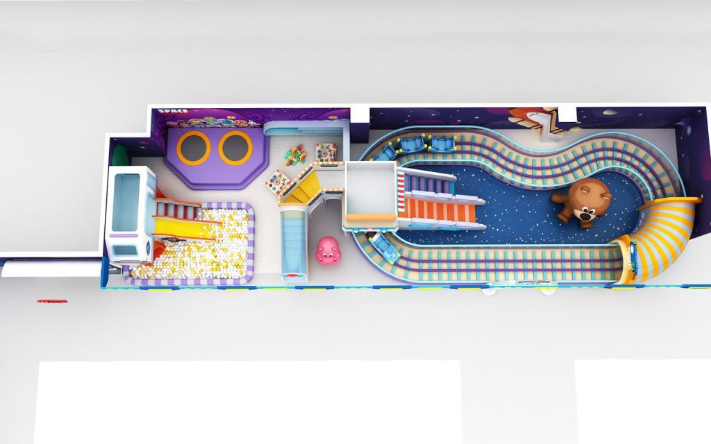 Space themed mall indoor playground floor plan layout with roller coaster track