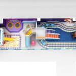 Space themed mall indoor playground floor plan layout with roller coaster track