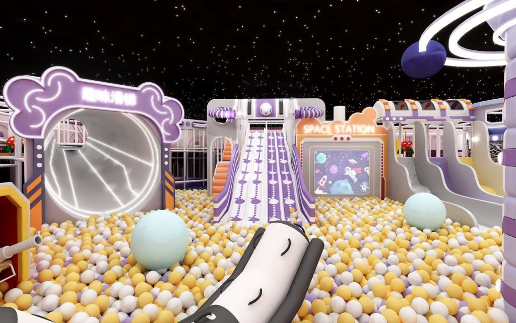 Space station slide area with purple slides - kids playground equipment