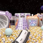 Space station slide area with purple slides - kids playground equipment