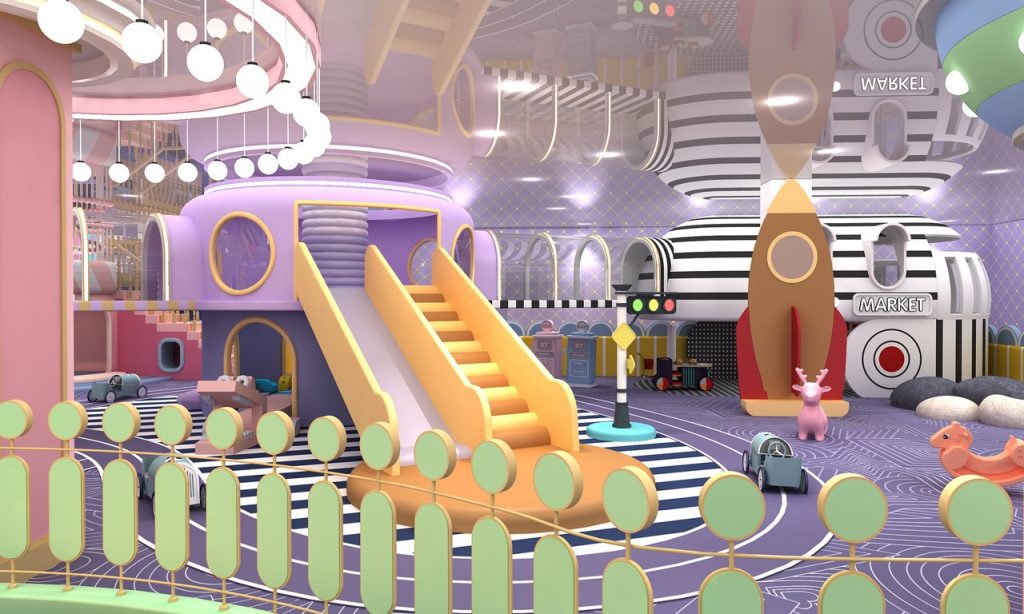 UFO space theme playground with rocket structures and deer decorations