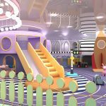UFO space theme playground with rocket structures and deer decorations