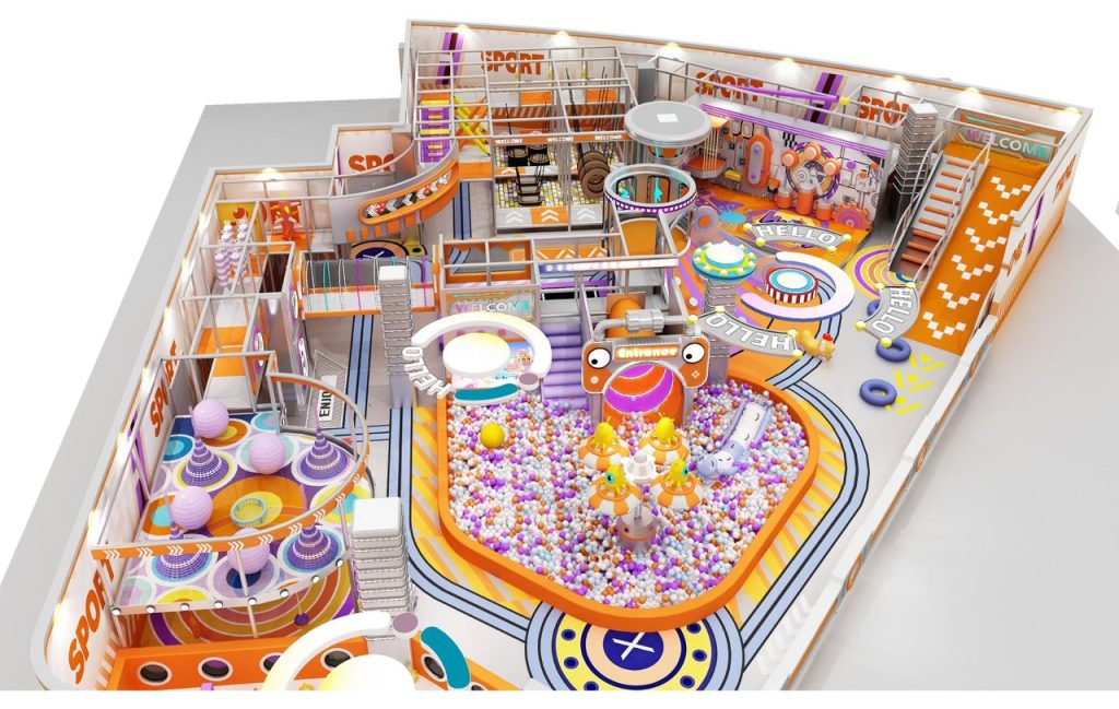 Indoor playground ball pool climbing nets purple stairs sport theme