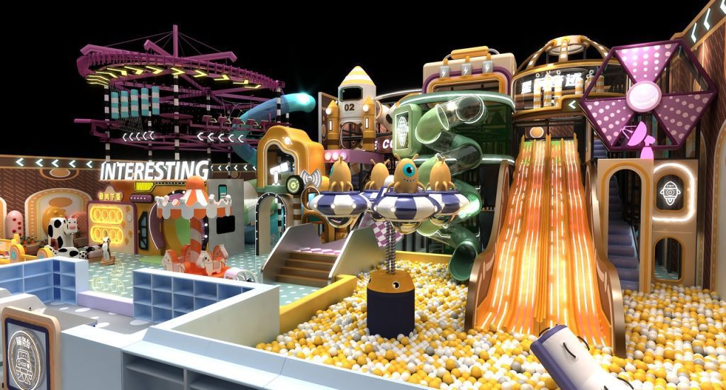 Indoor adventure playground orange LED waterfall slide alien spacecraft seats