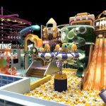 Indoor adventure playground orange LED waterfall slide alien spacecraft seats