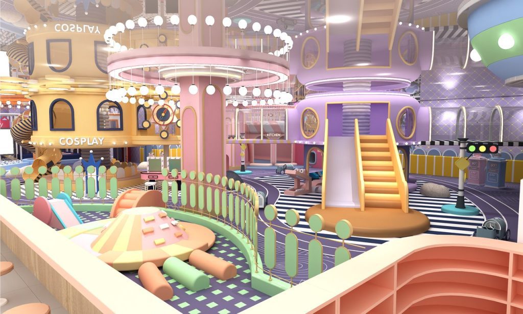 COSPLAY zone with KITCHEN role-play area and pink hill soft play