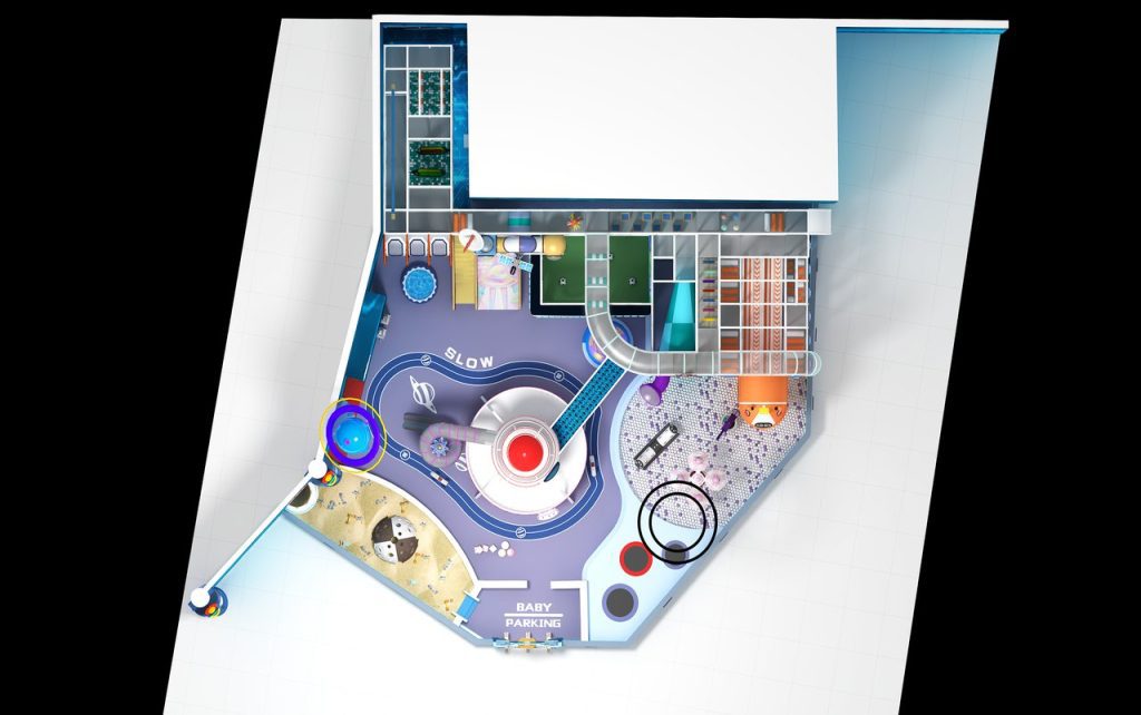 Floor plan diagram of space themed indoor playground showing 6m rocket structure