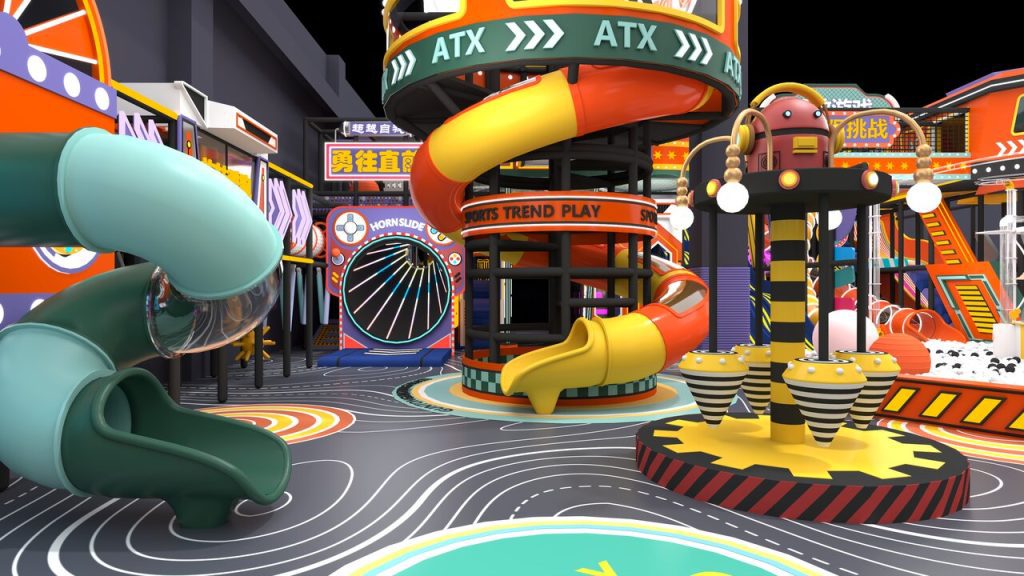 Main playground area with ATX theme and colorful spiral slides