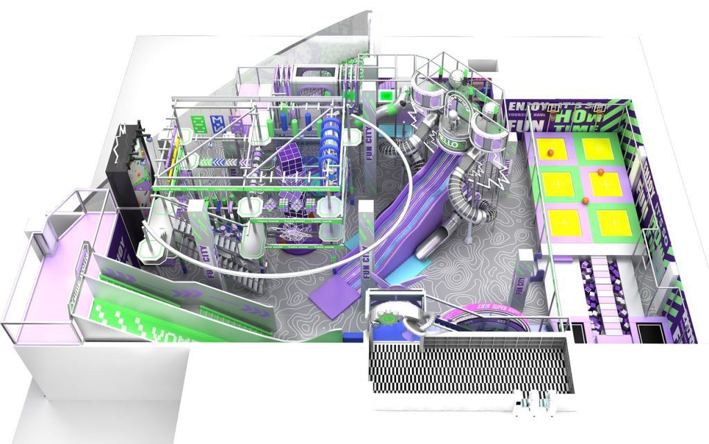 Overhead view of 150m2 mall indoor sports park with trampoline zones