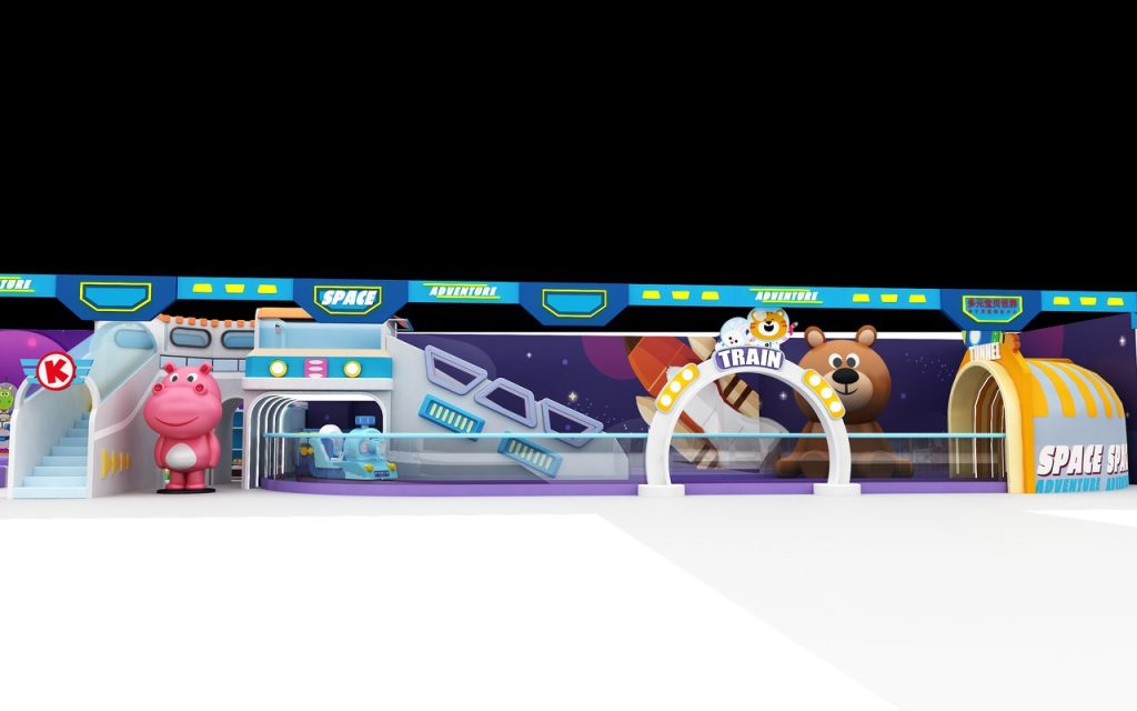 SPACE ADVENTURE entrance with pink hippo character and TRAIN arch