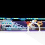 SPACE ADVENTURE entrance with pink hippo character and TRAIN arch