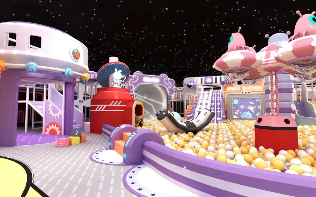 Space theme panoramic view with pink spaceship and red rocket
