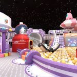 Space theme panoramic view with pink spaceship and red rocket
