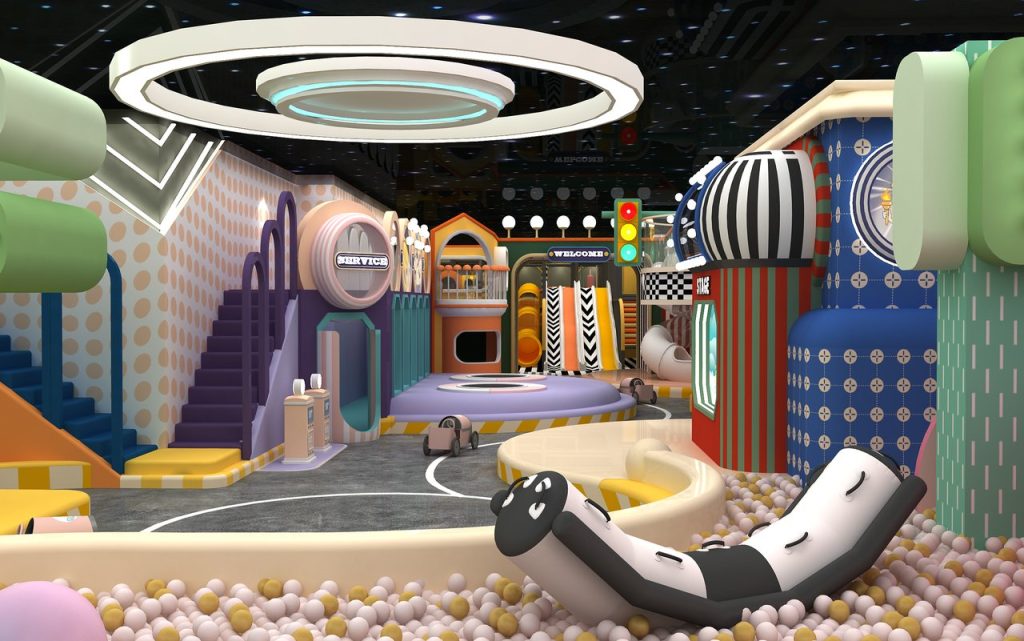 Interior panorama of shopping mall soft play equipment with modern lighting