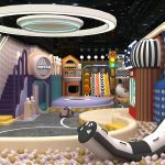 Interior panorama of shopping mall soft play equipment with modern lighting
