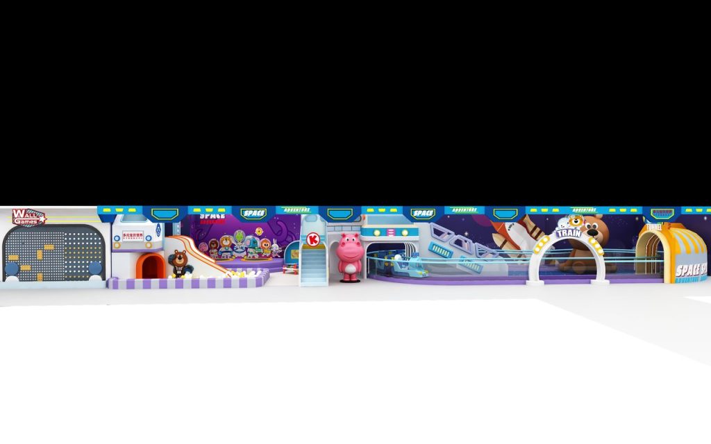 Mall atrium panoramic view of indoor playground equipment with WALK Games area