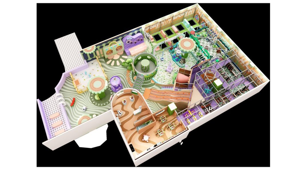 Overhead view of indoor kids playground equipment 350m2 layout