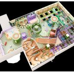Overhead view of indoor kids playground equipment 350m2 layout