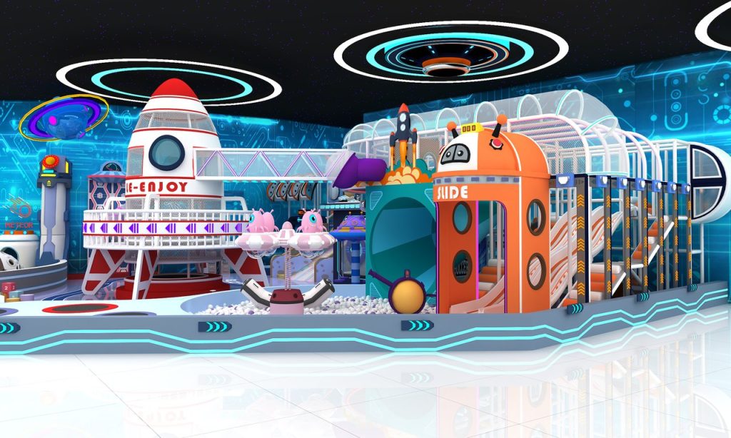 Side view of 6m height indoor adventure playground equipment with observatory deck