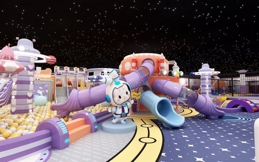 Space tunnel slides with astronaut decorations - indoor playground
