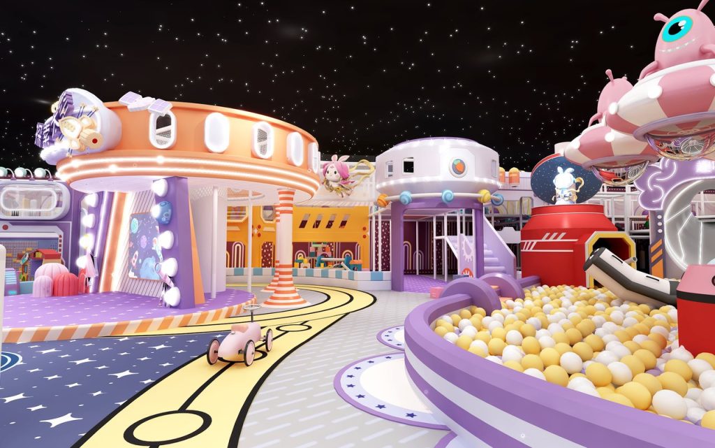 Space racing track with orange station and toy cars