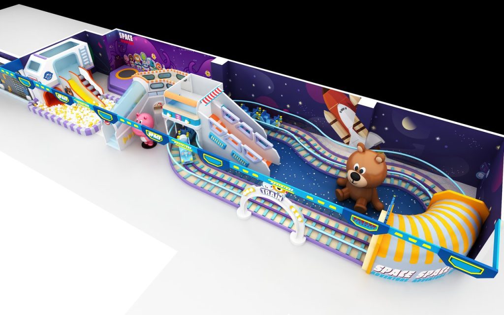 TRAIN tunnel with pink hippo slide and space themed decorations