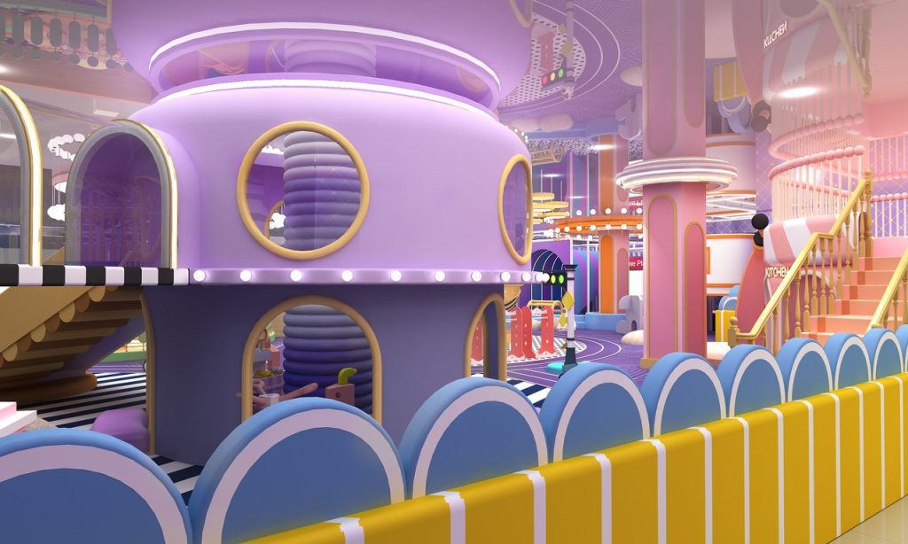 UFO space capsule with blue and yellow safety barriers