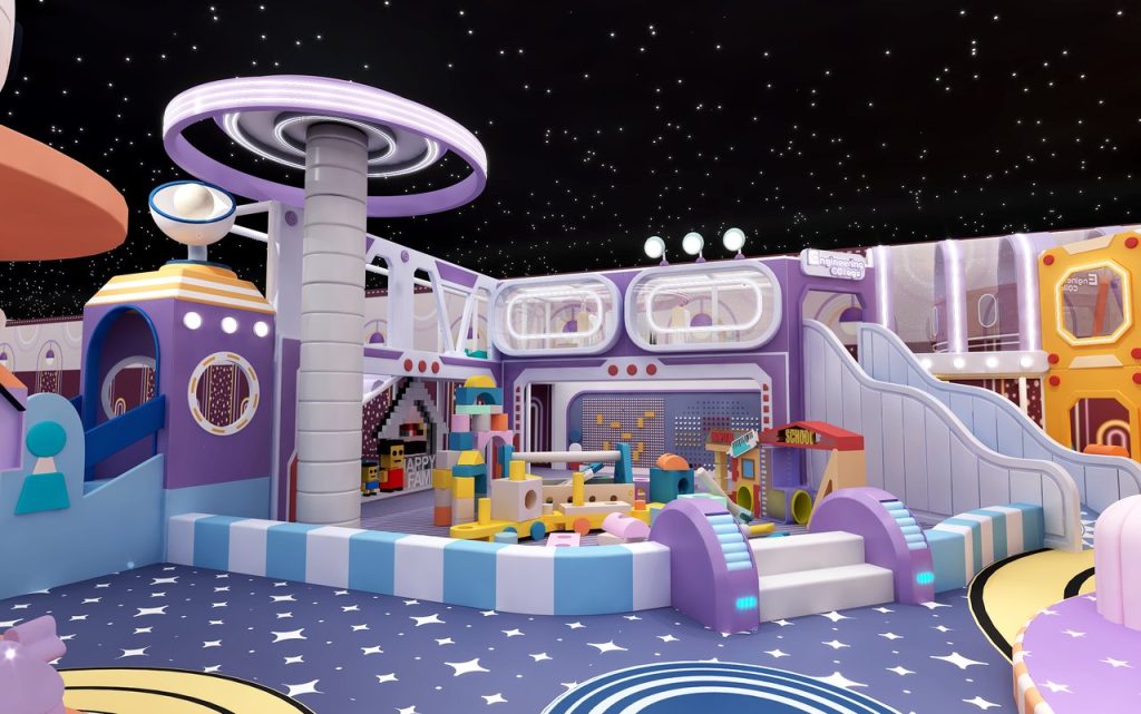 Building block school zone with flying saucer tower - kids playground