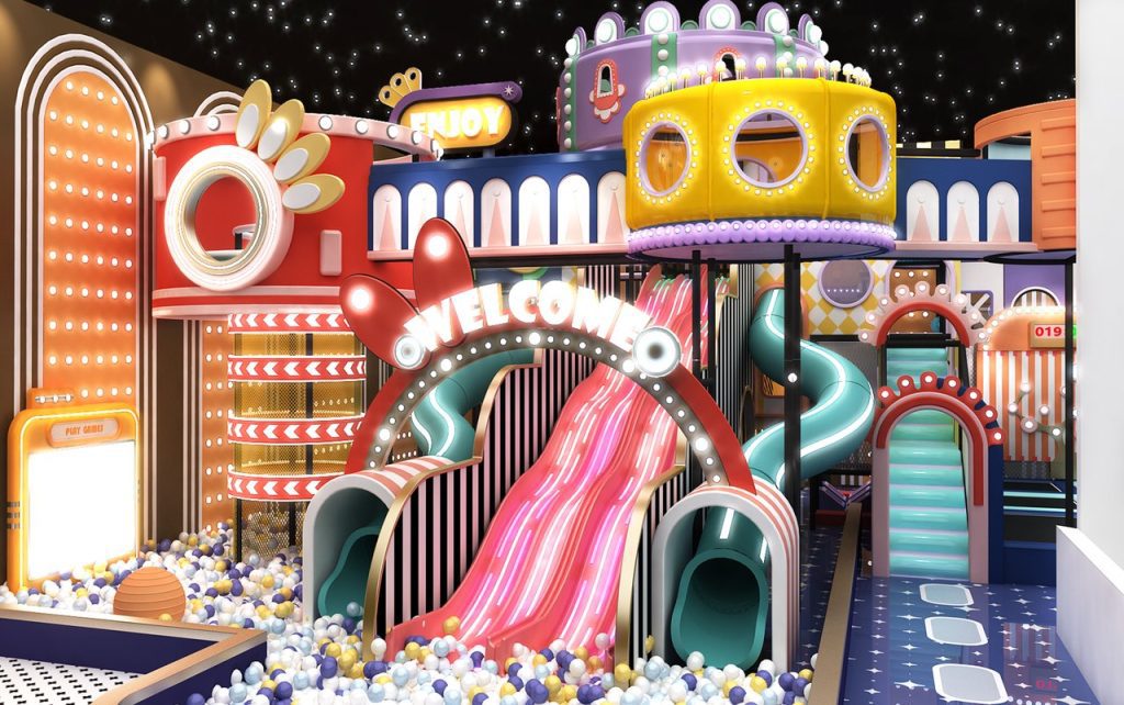 Pink LED slide close-up bow WELCOME arch teal spiral yellow crown capsule