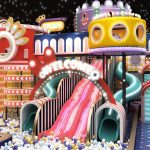 Pink LED slide close-up bow WELCOME arch teal spiral yellow crown capsule