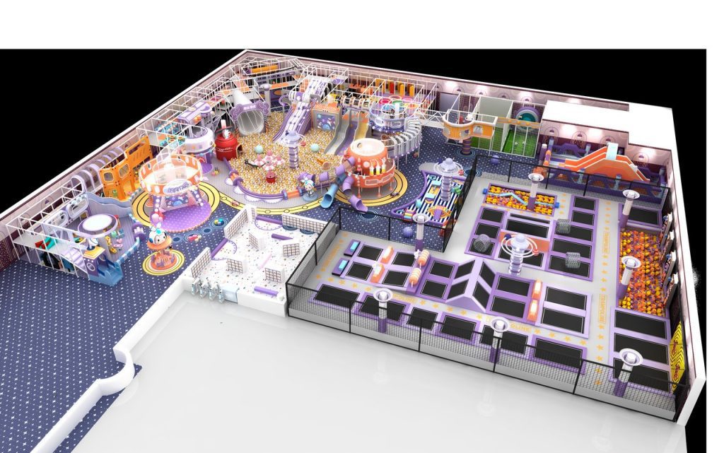 Complete aerial view showing 1800m2 playground and trampoline area