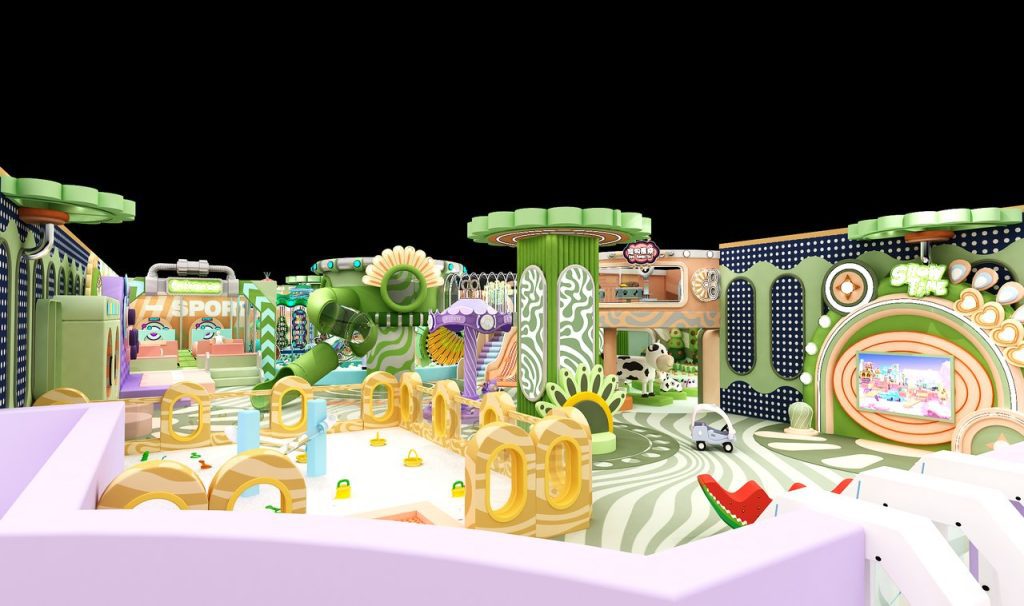 Panorama view indoor kids playground equipment Wizard of Oz theme