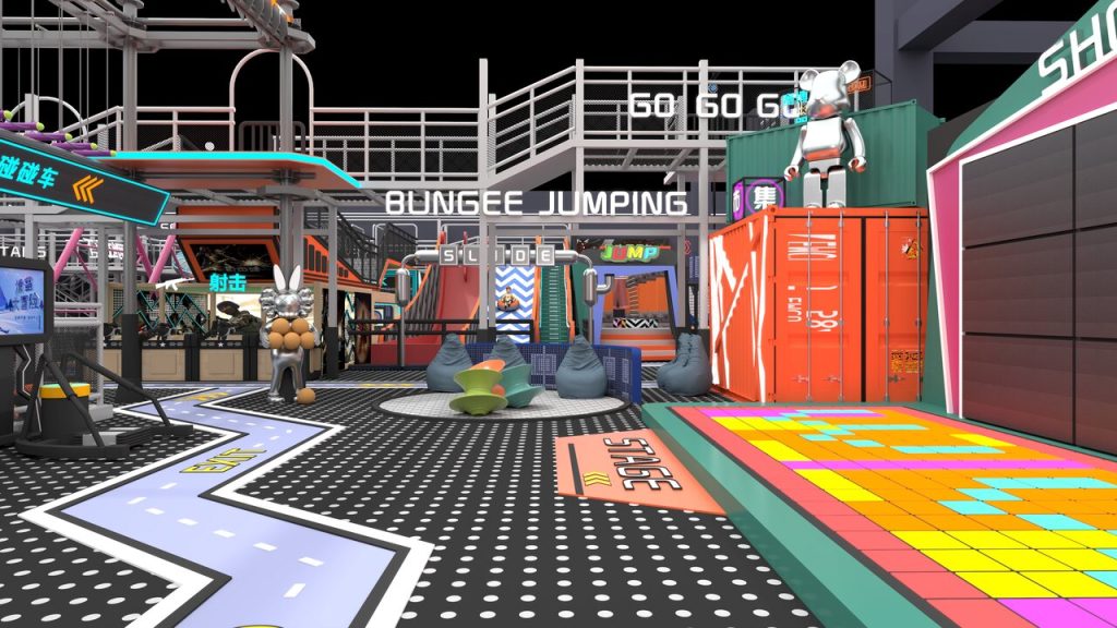 BUNGEE JUMPING platform with GO GO GO signage and central stage