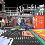 BUNGEE JUMPING platform with GO GO GO signage and central stage